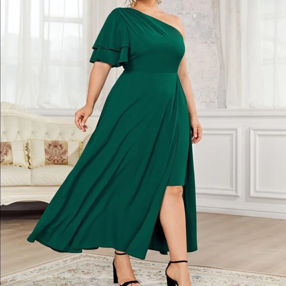 One shoulder dark green layered cocktail dress